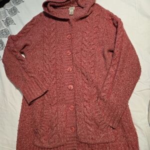 L.L. Bean Hooded Cable-Knit Cardigan in Rose
